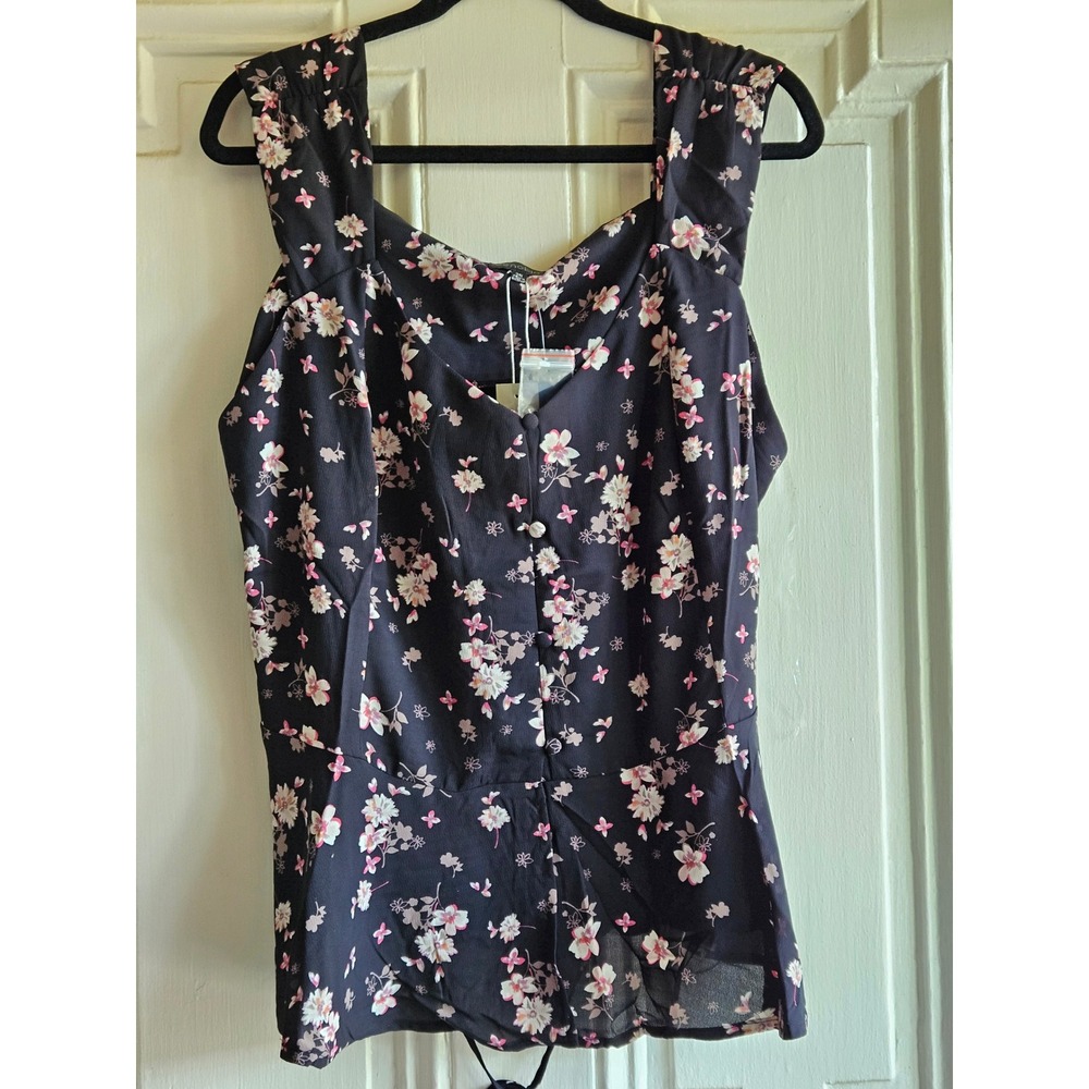 Zenobia Women 3XL Black Floral V-Neck Sleeveless Tie Back Peplum Blouse ZB11018F